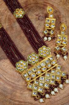 Uncut Polki Kundan Brass Jewellery Set With Earrings and Ruby Crystal Onyx Long Mala for Women (ML252M)