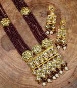Uncut Polki Kundan Brass Jewellery Set With Earrings and Ruby Crystal Onyx Long Mala for Women (ML252M)
