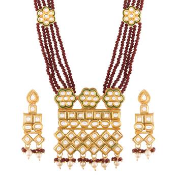 Uncut Polki Kundan Brass Jewellery Set With Earrings and Ruby Crystal Onyx Long Mala for Women (ML252M) 2