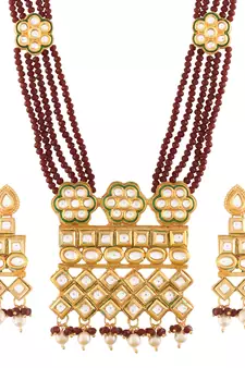 Uncut Polki Kundan Brass Jewellery Set With Earrings and Ruby Crystal Onyx Long Mala for Women (ML252M)