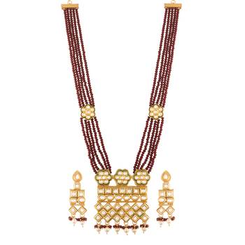 Uncut Polki Kundan Brass Jewellery Set With Earrings and Ruby Crystal Onyx Long Mala for Women (ML252M) 3