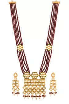 Uncut Polki Kundan Brass Jewellery Set With Earrings and Ruby Crystal Onyx Long Mala for Women (ML252M)