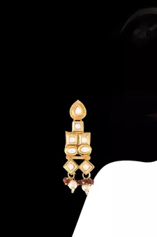 Uncut Polki Kundan Brass Jewellery Set With Earrings and Ruby Crystal Onyx Long Mala for Women (ML252M)
