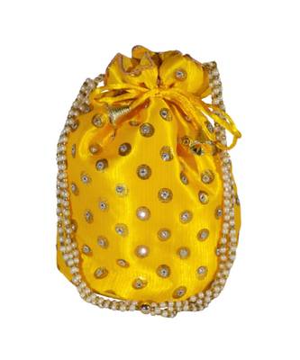 Beautiful Light Weight Potli Pouch with Dotted Pattern For Women Yellow (Single Bag) 1