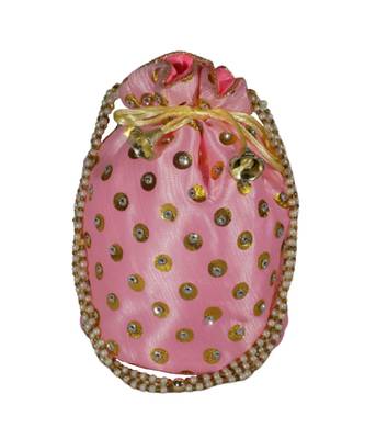 Beautiful Light Weight Potli Pouch with Dotted Pattern For Women Baby Pink (Single Bag) 1