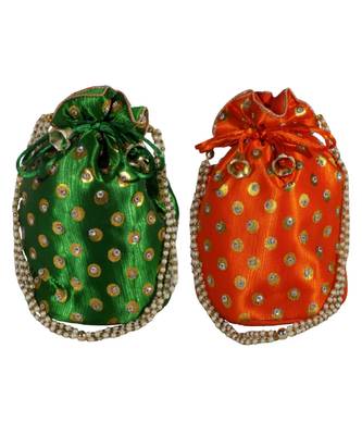Beautiful Light Weight Potli Pouch with Dotted Pattern For Women Combo of Green and Orange (Set of 2 Bags) 1