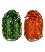 Beautiful Light Weight Potli Pouch with Dotted Pattern For Women Combo of Green and Orange (Set of 2 Bags)