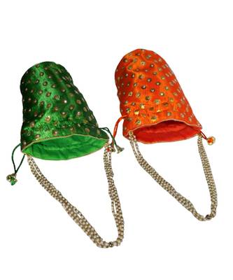 Beautiful Light Weight Potli Pouch with Dotted Pattern For Women Combo of Green and Orange (Set of 2 Bags) 2
