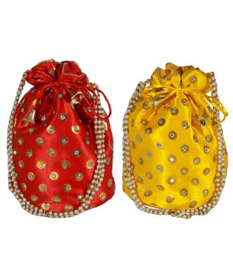 Beautiful Light Weight Potli Pouch with Dotted Pattern For Women Combo of Red and Yellow (Set of 2 Bags) 1