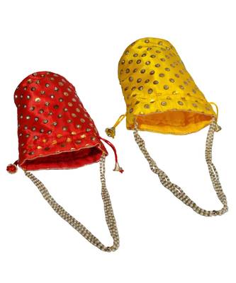 Beautiful Light Weight Potli Pouch with Dotted Pattern For Women Combo of Red and Yellow (Set of 2 Bags) 2