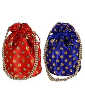 Beautiful Light Weight Potli Pouch with Dotted Pattern For Women Combo of Red and Blue (Set of 2 Bags) 1