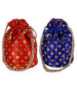 Beautiful Light Weight Potli Pouch with Dotted Pattern For Women Combo of Red and Blue (Set of 2 Bags)