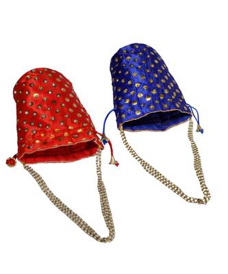 Beautiful Light Weight Potli Pouch with Dotted Pattern For Women Combo of Red and Blue (Set of 2 Bags) 2