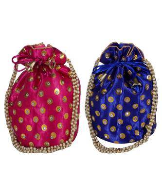Beautiful Light Weight Potli Pouch with Dotted Pattern For Women Combo of Magenta and Blue (Set of 2 Bags) 1