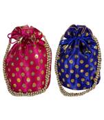 Beautiful Light Weight Potli Pouch with Dotted Pattern For Women Combo of Magenta and Blue (Set of 2 Bags)