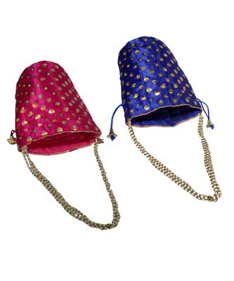 Beautiful Light Weight Potli Pouch with Dotted Pattern For Women Combo of Magenta and Blue (Set of 2 Bags) 2