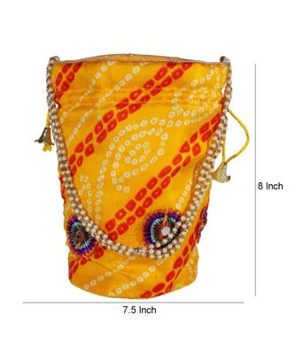 Light Weight Rajasthani Leheriya Potli Pouch Yellow, Cotton Fabric (Single Bag) 4