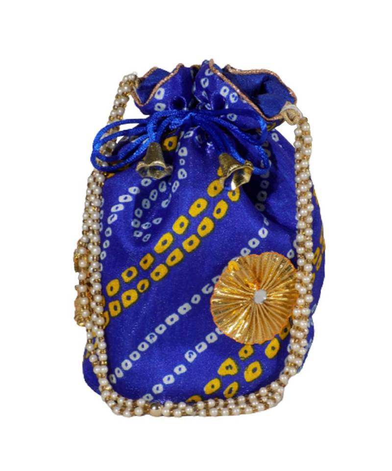 Light Weight Rajasthani Leheriya Potli Pouch Blue, Cotton Fabric