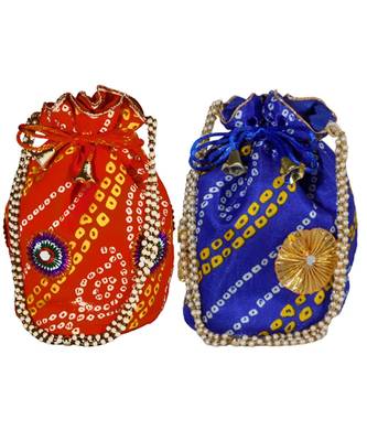 Light Weight Rajasthani Leheriya Potli Pouch Combo of Red and Blue, Cotton Fabric (Set of 2 Bags) 1