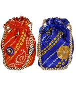 Light Weight Rajasthani Leheriya Potli Pouch Combo of Red and Blue, Cotton Fabric (Set of 2 Bags)