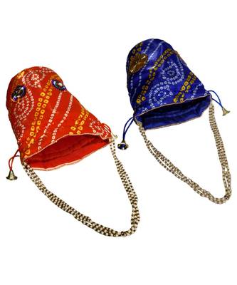 Light Weight Rajasthani Leheriya Potli Pouch Combo of Red and Blue, Cotton Fabric (Set of 2 Bags) 2