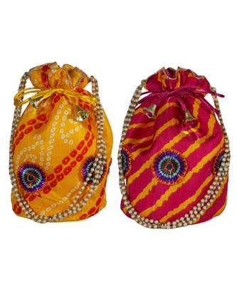 Light Weight Rajasthani Leheriya Potli Pouch Combo of Yellow and Magenta, Cotton Fabric (Set of 2 Bags) 1
