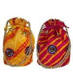 Light Weight Rajasthani Leheriya Potli Pouch Combo of Yellow and Magenta, Cotton Fabric (Set of 2 Bags)
