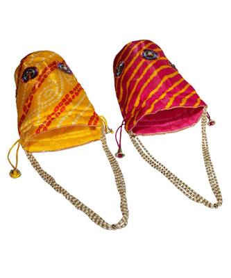 Light Weight Rajasthani Leheriya Potli Pouch Combo of Yellow and Magenta, Cotton Fabric (Set of 2 Bags) 2