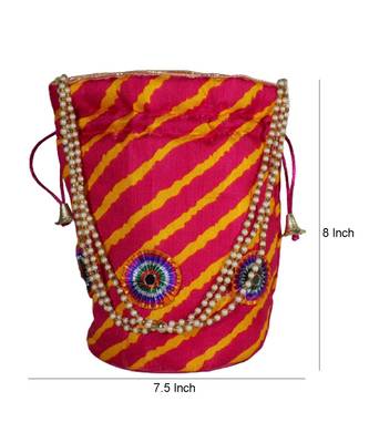 Light Weight Rajasthani Leheriya Potli Pouch Combo of Yellow and Magenta, Cotton Fabric (Set of 2 Bags) 3