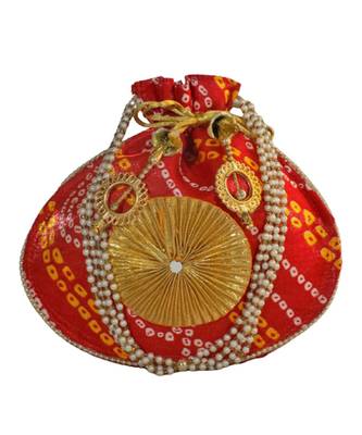 Beautiful Leheriya Print Rajasthani Clutch Bag for Women, Cotton Fabric (Red) 1