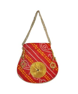 Beautiful Leheriya Print Rajasthani Clutch Bag for Women, Cotton Fabric (Red) 2