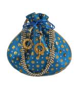 Beautiful Light Weight Potli Style Clutch Bag with Dotted Pattern For Women (Ferozi)