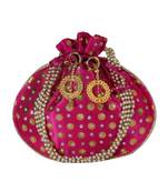 Beautiful Light Weight Potli Style Clutch Bag with Dotted Pattern For Women (Magenta)