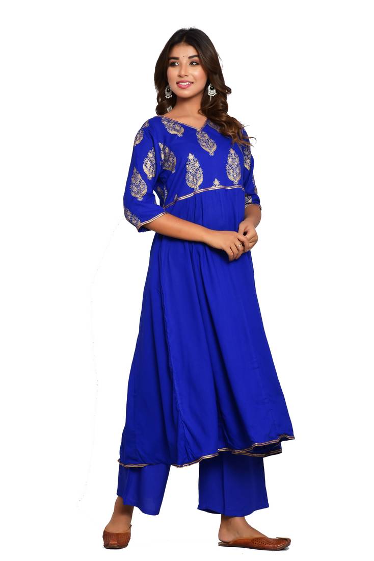 Blue Printed Rayon Kurtas And Kurtis