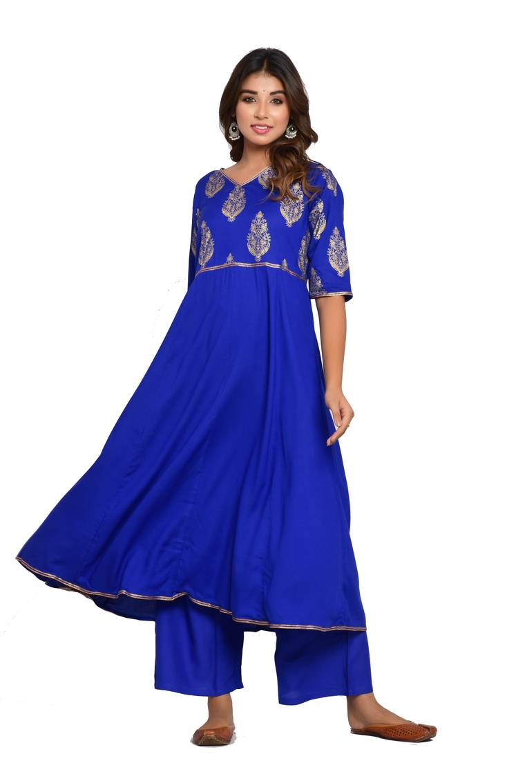 Blue Printed Rayon Kurtas And Kurtis
