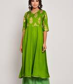  Women's Gold Print Dark Green  Rayon Kurtas