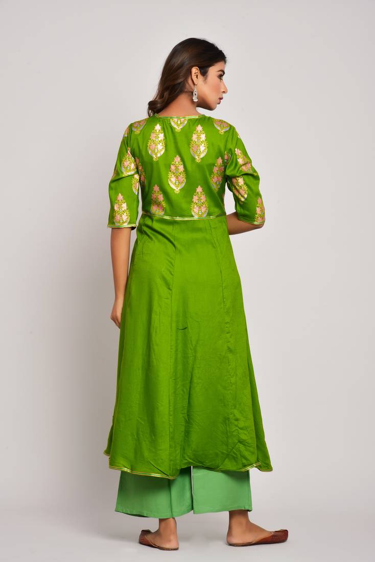  Women's Gold Print Dark Green  Rayon Kurtas