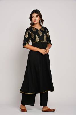  Women's Gold Print Dark Black Rayon Kurtas 1