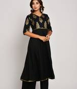  Women's Gold Print Dark Black Rayon Kurtas