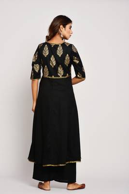  Women's Gold Print Dark Black Rayon Kurtas 2