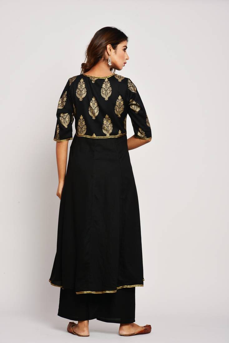  Women's Gold Print Dark Black Rayon Kurtas