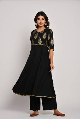  Women's Gold Print Dark Black Rayon Kurtas 3