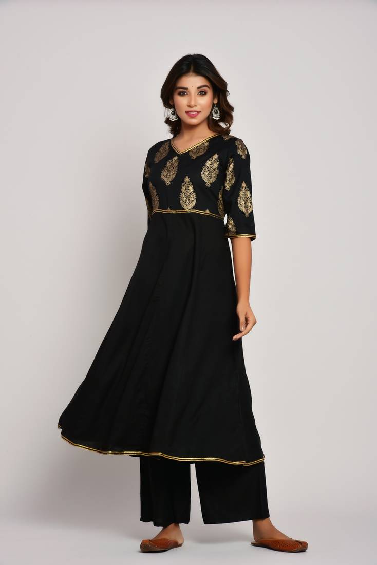  Women's Gold Print Dark Black Rayon Kurtas