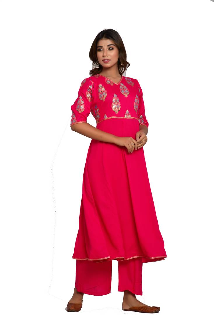  Women's Gold Print Anarkali Style Kurta