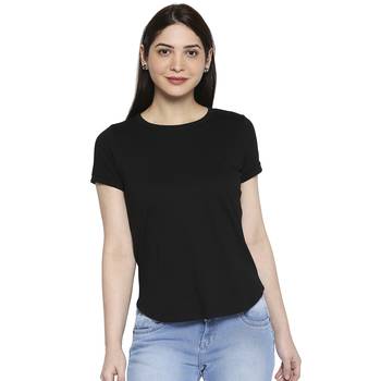 Black Solid Casual Top/Tees for Women in Cotton Fabric with Short Sleeves 1