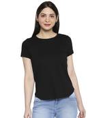 Black Solid Casual Top/Tees for Women in Cotton Fabric with Short Sleeves