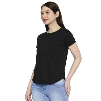 Black Solid Casual Top/Tees for Women in Cotton Fabric with Short Sleeves 2