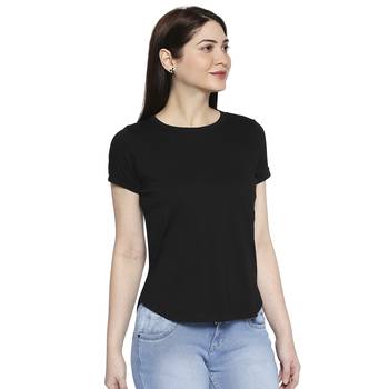 Black Solid Casual Top/Tees for Women in Cotton Fabric with Short Sleeves 3
