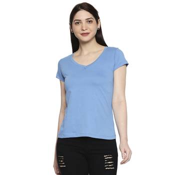 Blue Solid Casual Top/Tees for Women in Cotton Fabric with Short Sleeves 1