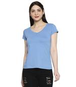 Blue Solid Casual Top/Tees for Women in Cotton Fabric with Short Sleeves